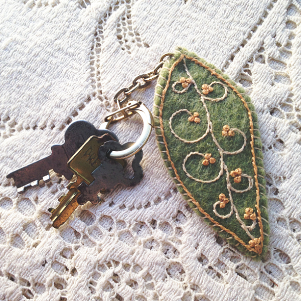 green embroidered leaf keychain