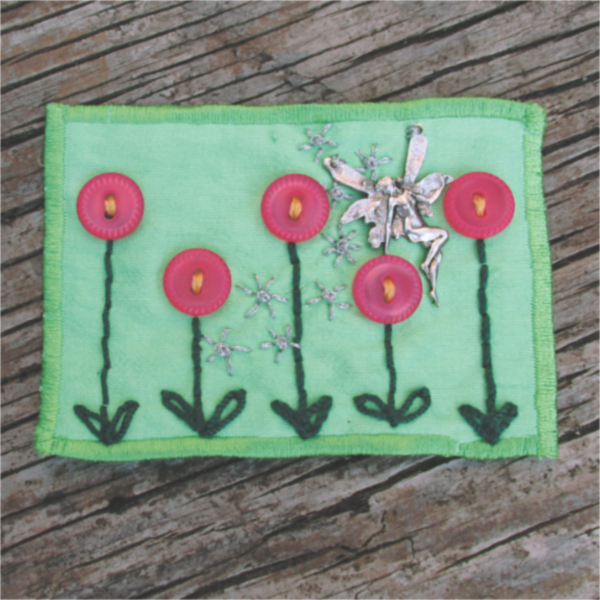 green silk ACEO with pink button flowers and a silver fairy