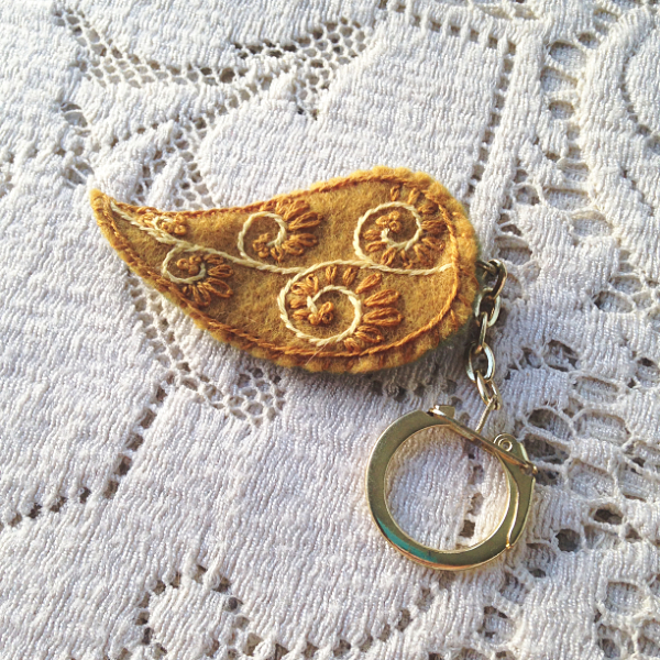 dark yellow embroidered leaf keychain
