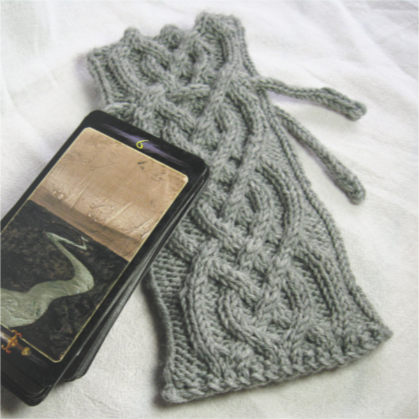 gray cable knit tarot pouch with drawstring closure