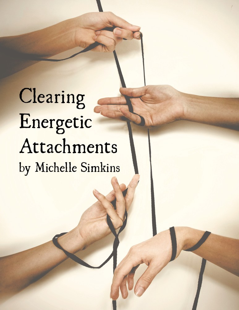 Four hands connected together by black ribbon with the words "clearing energetic attachments.