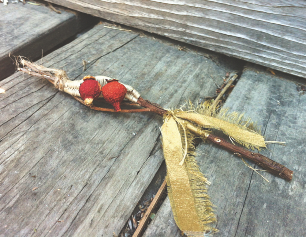 a talisman made of twigs woven together with two rose hips