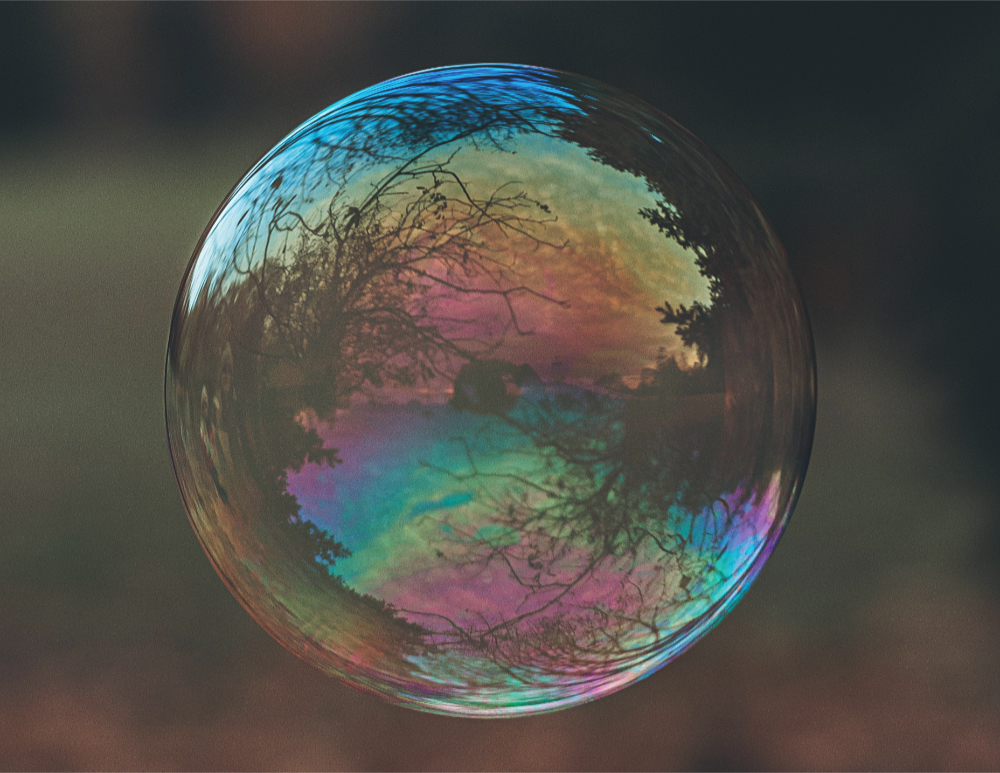 an iridescent bubble reflecting trees