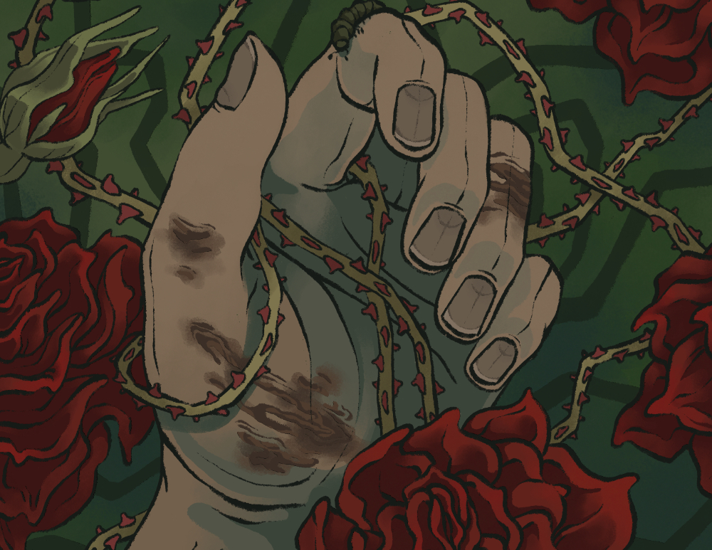 an illustration of a hand smeared with soil among deep red roses and thorns, with the words "Briar by Michelle Simkins"