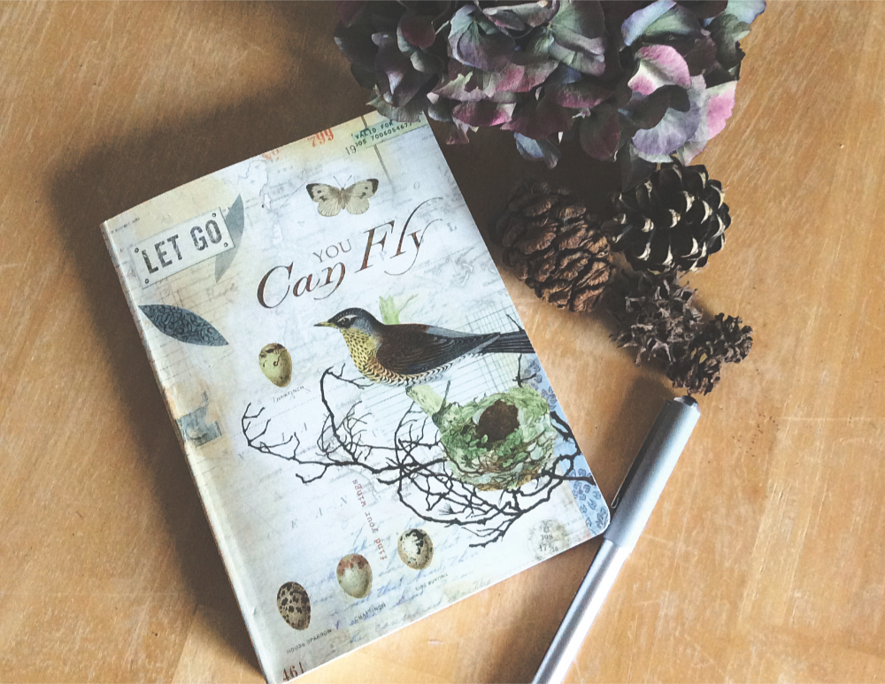 a journal, a pen, some pine cones, and a dried hydrangea flower