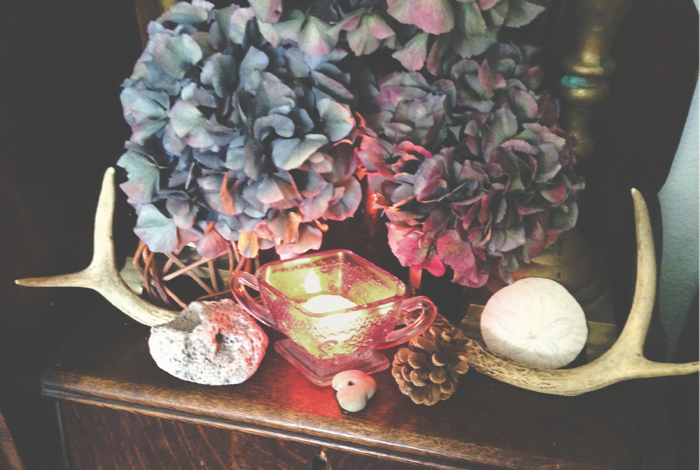 dried hydrangeas, antlers,, crystals, and a candle on a shrine