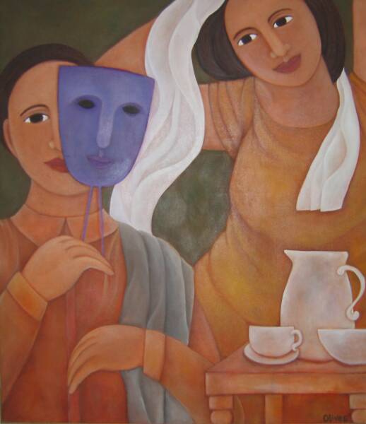 painting of a woman and a man by a table with a pitcher, a bowl, and a tea cup.