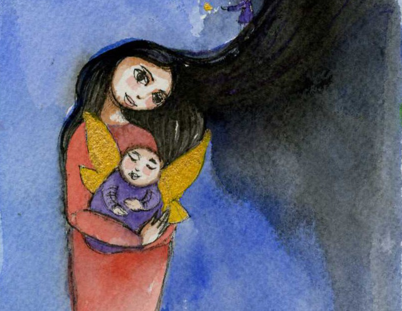 watercolor painting of a woman holding a winged baby