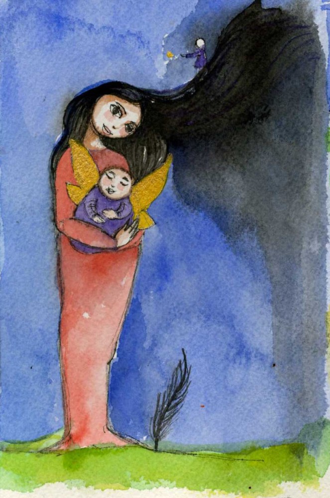 watercolor painting of a woman holding a winged baby