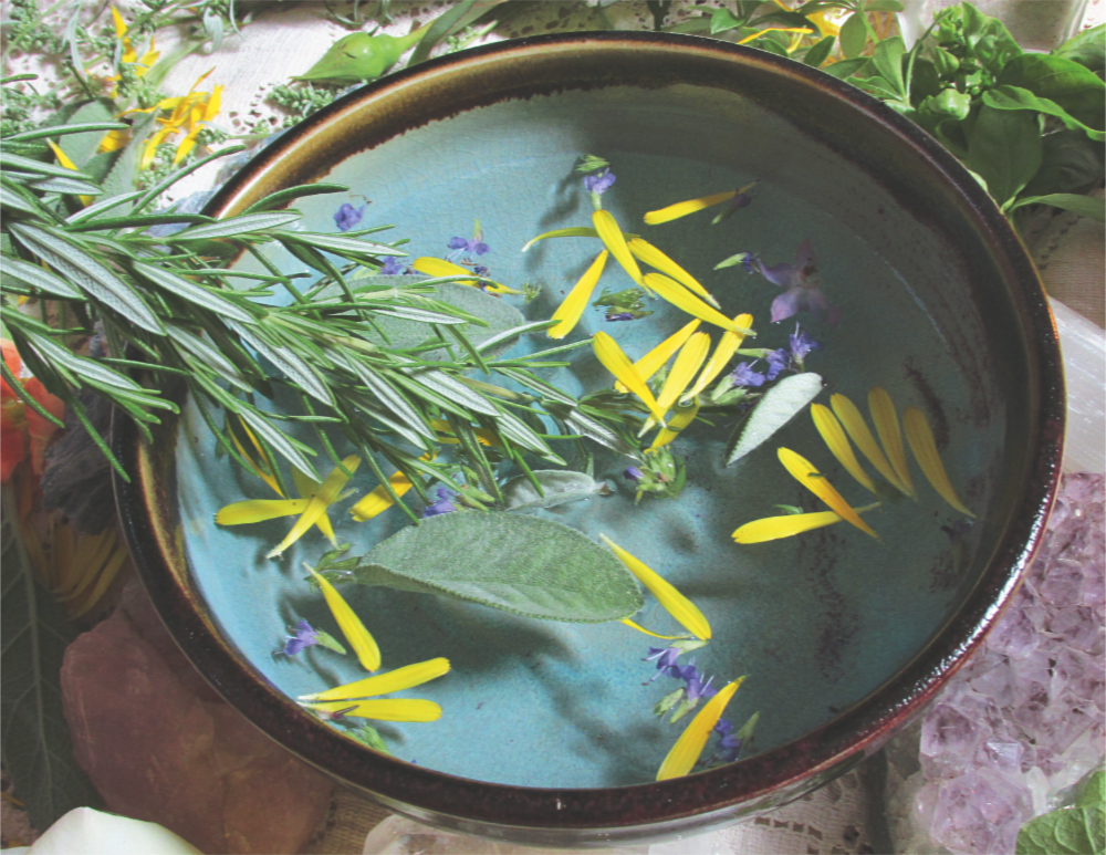 A bowl of water with flower petals floating on the surface